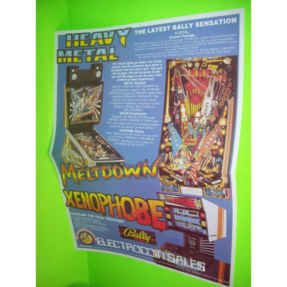 Heavy Metal Meltdown Xenophobe Pinball Machine Poster Flyer Electrocoin UK